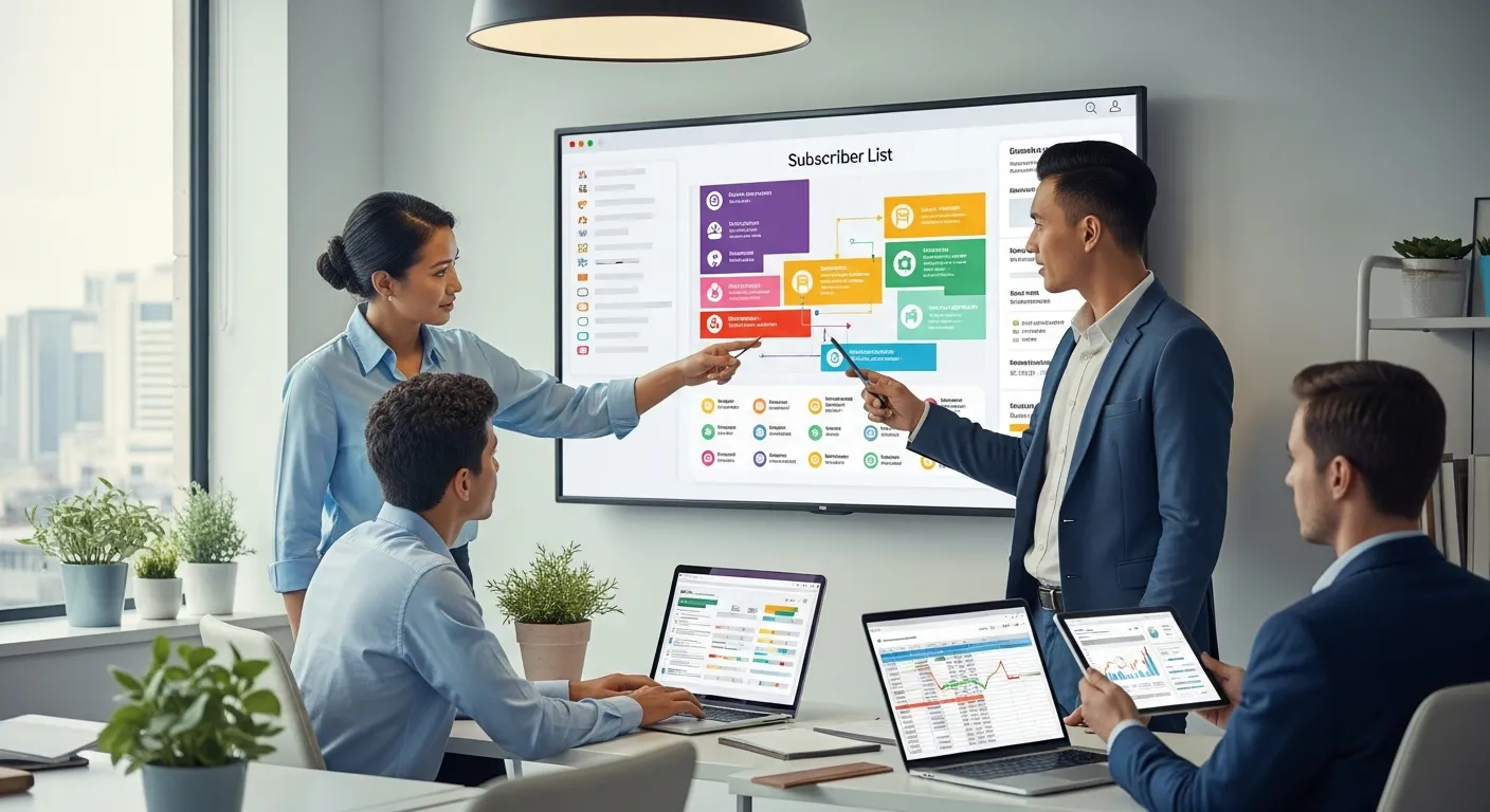 Digital marketing workspace showing SMS campaign planning, audience segmentation, and message optimization on a laptop screen.