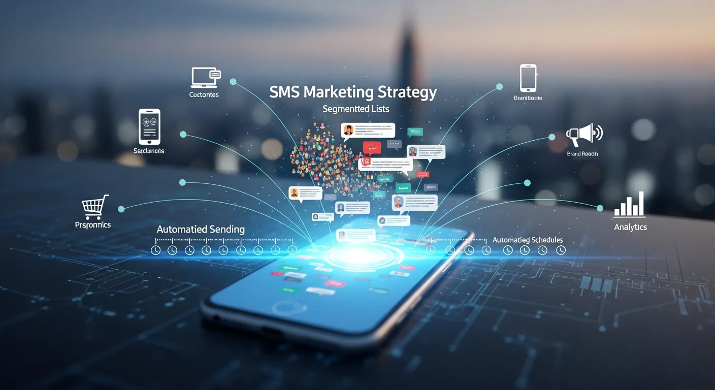 SMS marketing concept showing mobile phone receiving promotional messages with high engagement notifications.