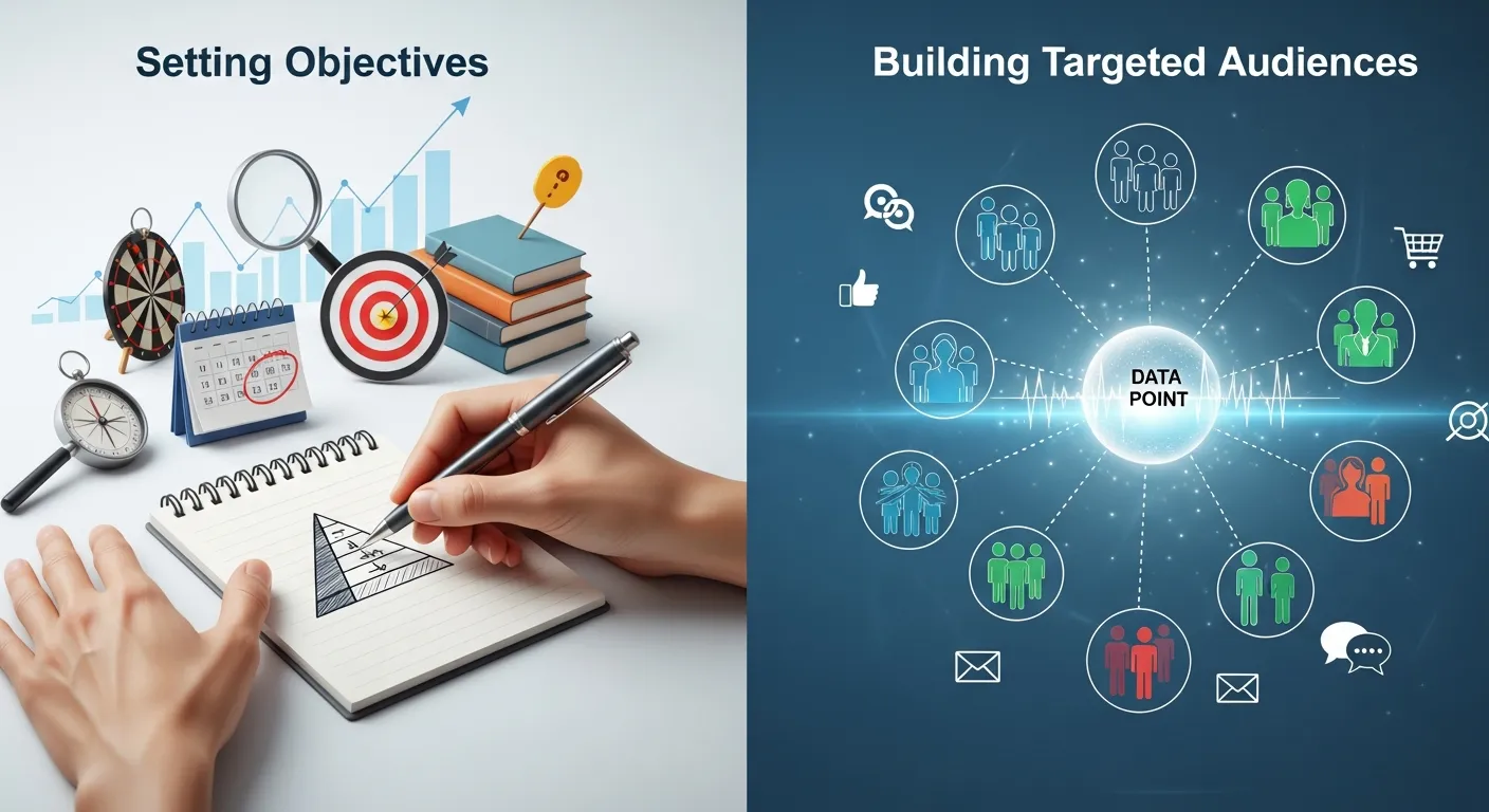 Setting objectives and building targeted audiences for SEO and digital marketing strategy planning, focusing on goal setting, audience segmentation, and growth optimization.