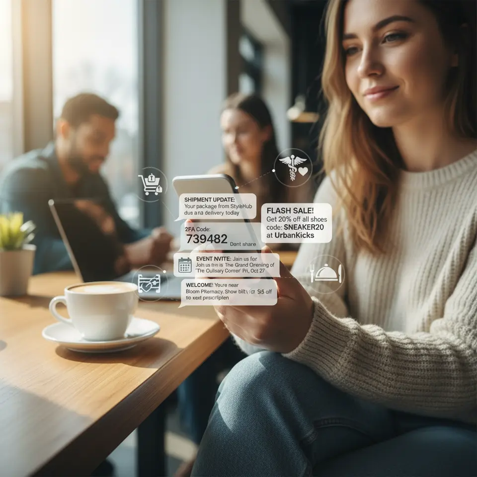 Use cases and core applications: a dynamic collage that shows a smartphone screen receiving different SMS types—transactional alerts like shipping updates and two-factor authentication codes, promotional texts with discount codes and event invites, plus a geo-fencing notification popping up as a user approaches a retail storefront—set against icons representing industries such as retail, healthcare and hospitality