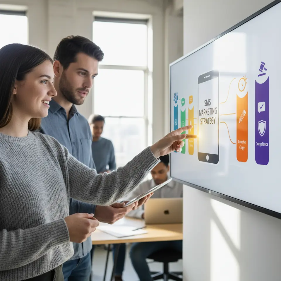 Five-pillar SMS marketing strategy dashboard: a central smartphone screen surrounded by five stylized columns or icons labeled Segmentation, Personalization, Optimal Timing, Concise Copy, and Compliance, each with a unique color, illustrating how these core strategies work together