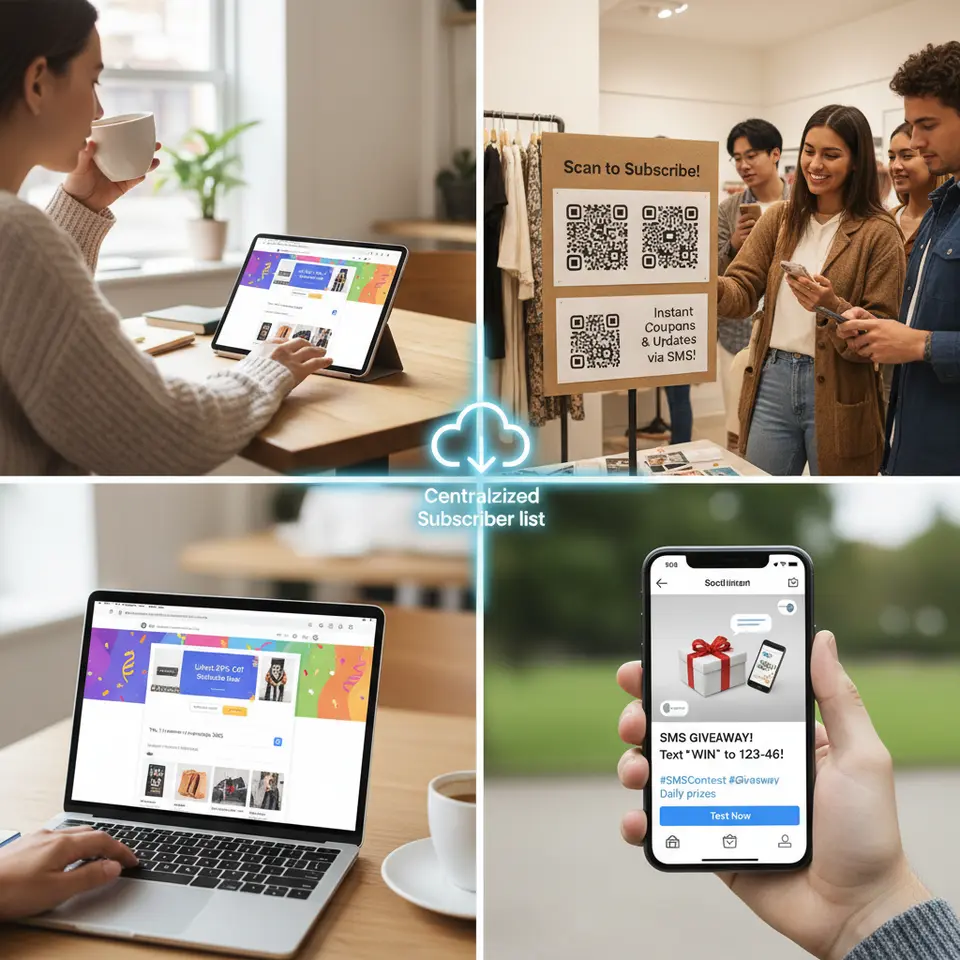 A vibrant multi-channel subscriber acquisition scene: website pop-up offering a coupon, an online checkout page with an SMS opt-in checkbox, an in-store display featuring QR codes and signage, and a social media post promoting an SMS giveaway—each channel feeding into a centralized subscriber list.
