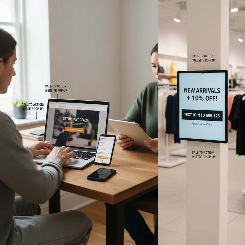 A multi-channel subscriber acquisition scene showing a website pop-up on desktop and mobile, an e-commerce checkout form with an SMS opt-in toggle, and an in-store display board featuring a shortcode—each labeled to highlight clear calls-to-action for text message sign-ups.
