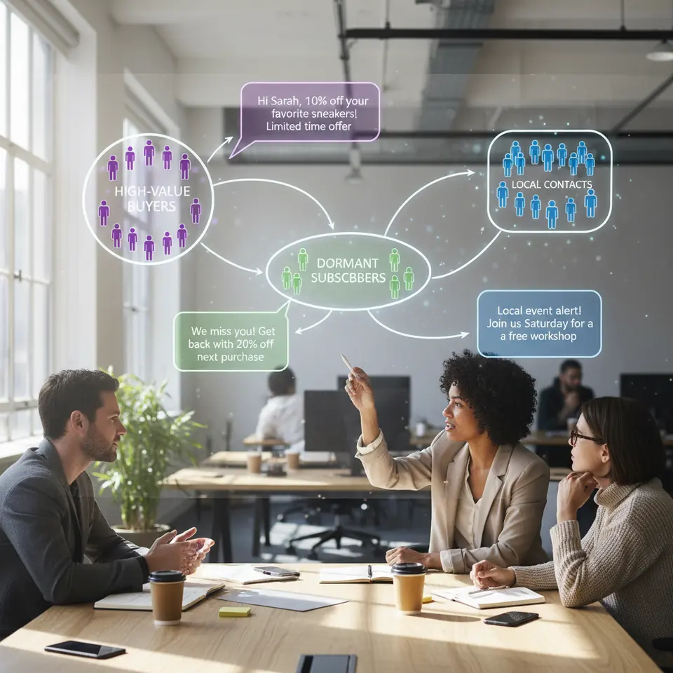 An audience segmentation diagram with color-coded customer avatars grouped into clusters (high-value buyers, dormant subscribers, local contacts), connected to personalized SMS message bubbles (e.g., “Hi Sarah, 10% off your favorite sneakers!”) to illustrate targeted messaging flows.